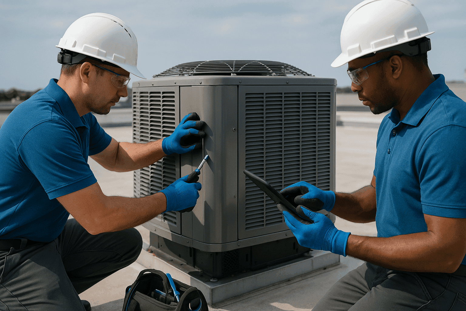 Two OSHA-compliant HVAC technicians working on rooftop unit with gloves and helmets