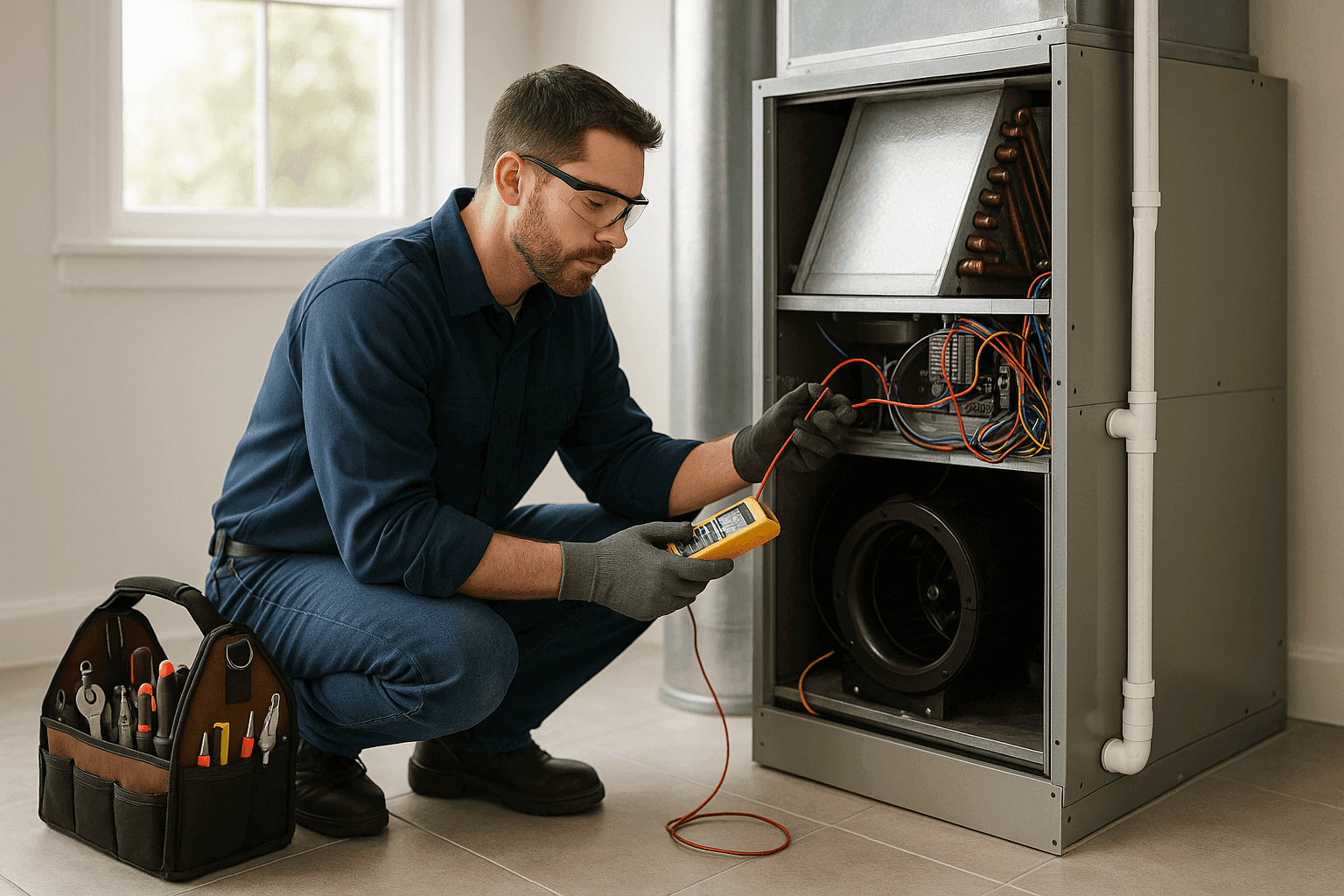 Technician performing HVAC maintenance on an indoor air handler unit